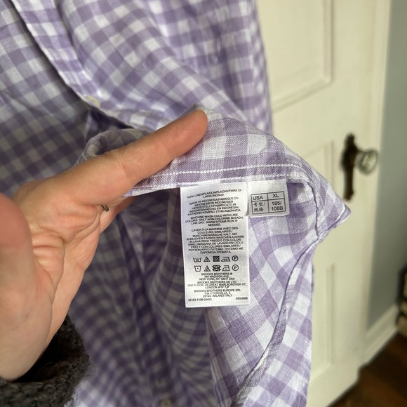 Brooks Brothers crisp linen gingham purple and white Madison Fit shirt - Picture 2 of 7
